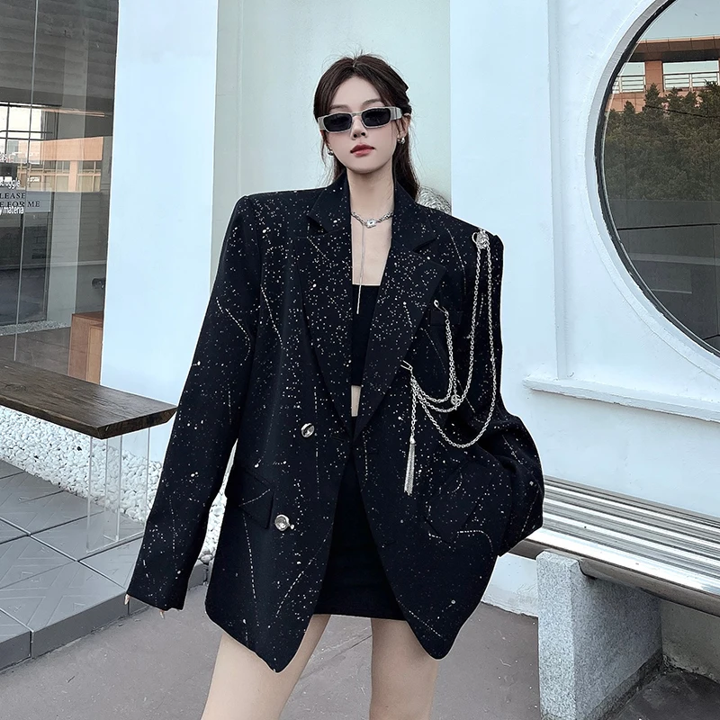 

SuperAen New Design Fashion Women's Coats Spring and Autumn New Casual Loose Sequins Luxury Chains Long-sleeved Blazer