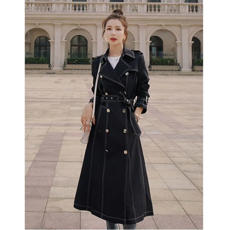 

Fashion Women's Windbreaker 2024 Spring Autumn Long Solid Color Overcoat Korean Double-breasted Waist Trench Coat Female