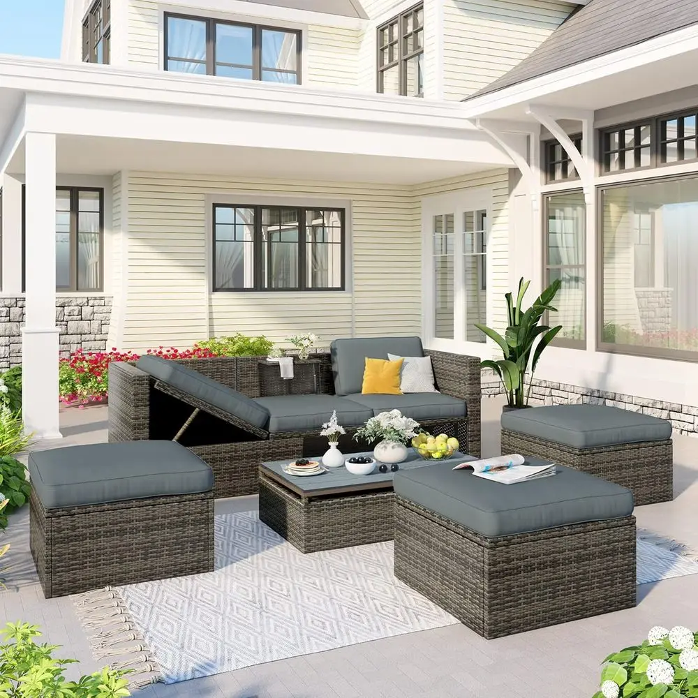 

Brown PE Wicker Outdoor Furniture Set with 3-Seater Recliner, Ottoman, and Illuminated Table - Grey Cushion