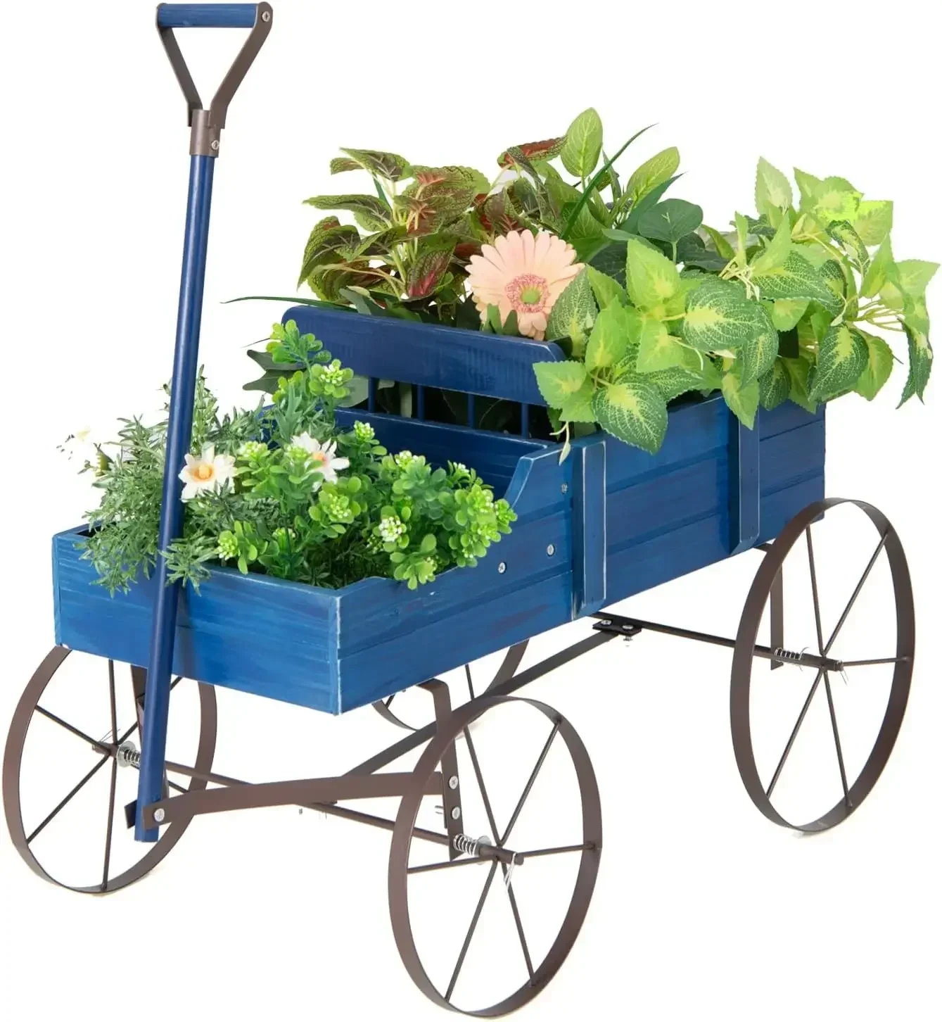 Wood Wagon Planter, Outdoor Garden Flower Planter Cart with Wheels, Small Decorative Wood Raised Bed Plant Pot Box Stand for Bac