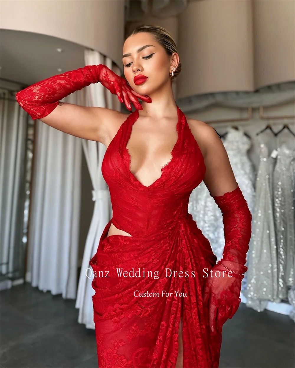 Qanz Red Mermaid Evening Gowns Women's Halter Party Prom Dress High Split Lace Saudi Arabia Special Occasion Gowns Customized