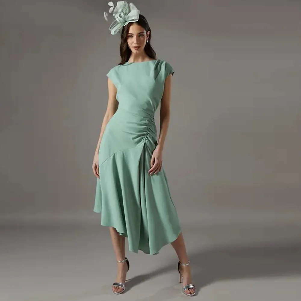 Maßgeschneidertes mintgrünes Ballkleid mit asymmetrischem Saum, O-Ausschnitt, drapiertes Maxikleid, A-Linie, Midilänge, Outfit für Hochzeitsgäste
