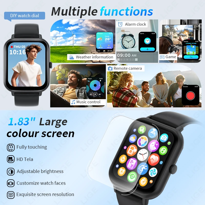 LIGE 2025 New GPS Tracker Smart Watch 1.83" HD Screen 100+ Sports Bluetooth Call Waterproof Sports Health Smartwatch Men Women image 3