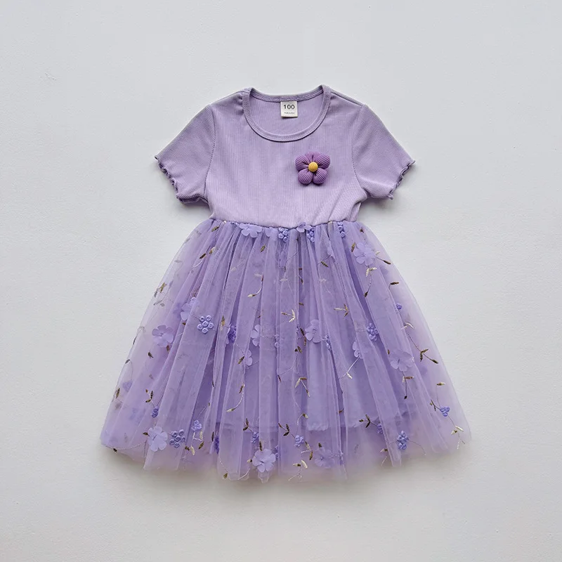 3D Flower Round Neck Girls' Dress Summer Sweet Mesh Princess Dress Short Sleeve Children's Puffy Dress