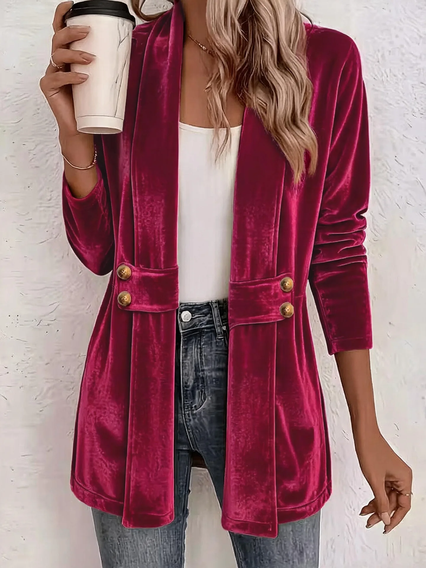 Women Velvet Open Front Cardigan, Long Sleeve Mid Length Coat, Button Decor, Casual Outfit for Daily & Office 3