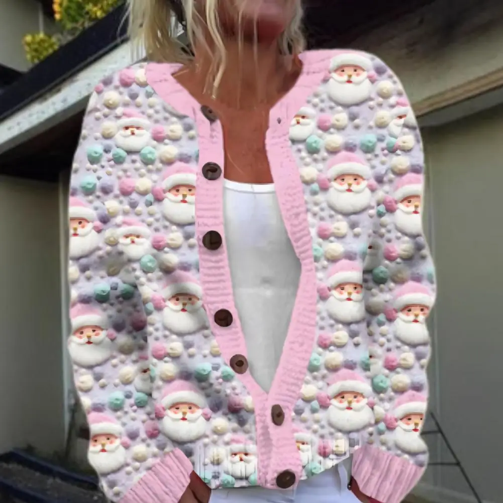 

Women Cardigan Jacket 3D Christmas Printing Single-breasted Round Neck Long Sleeves Sweater Coat for Holiday School And Commutin