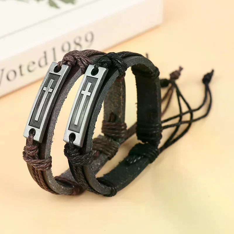 Cross Leather Bracelet For Men Women Jesus Christian Religious Vintage Bracelets