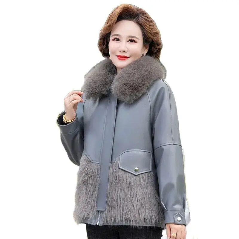 

Middle-Aged Mother's Winter Leather Outerwear High Grade Imitated Mink Fur Jackets Middle Aged Women's Fur Cotton Coat