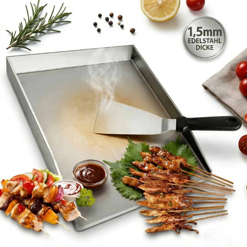 Plaque de cuisson en acier inoxydable de 1,5 mm d'épaisseur, plaque de grillage plate avec spatule de cuisson, plateau de cuisson en métal massif robuste pour barbecue extérieur, teppanyaki, cuisson sur brochettes, surface de cuisson pour barbecue domestique