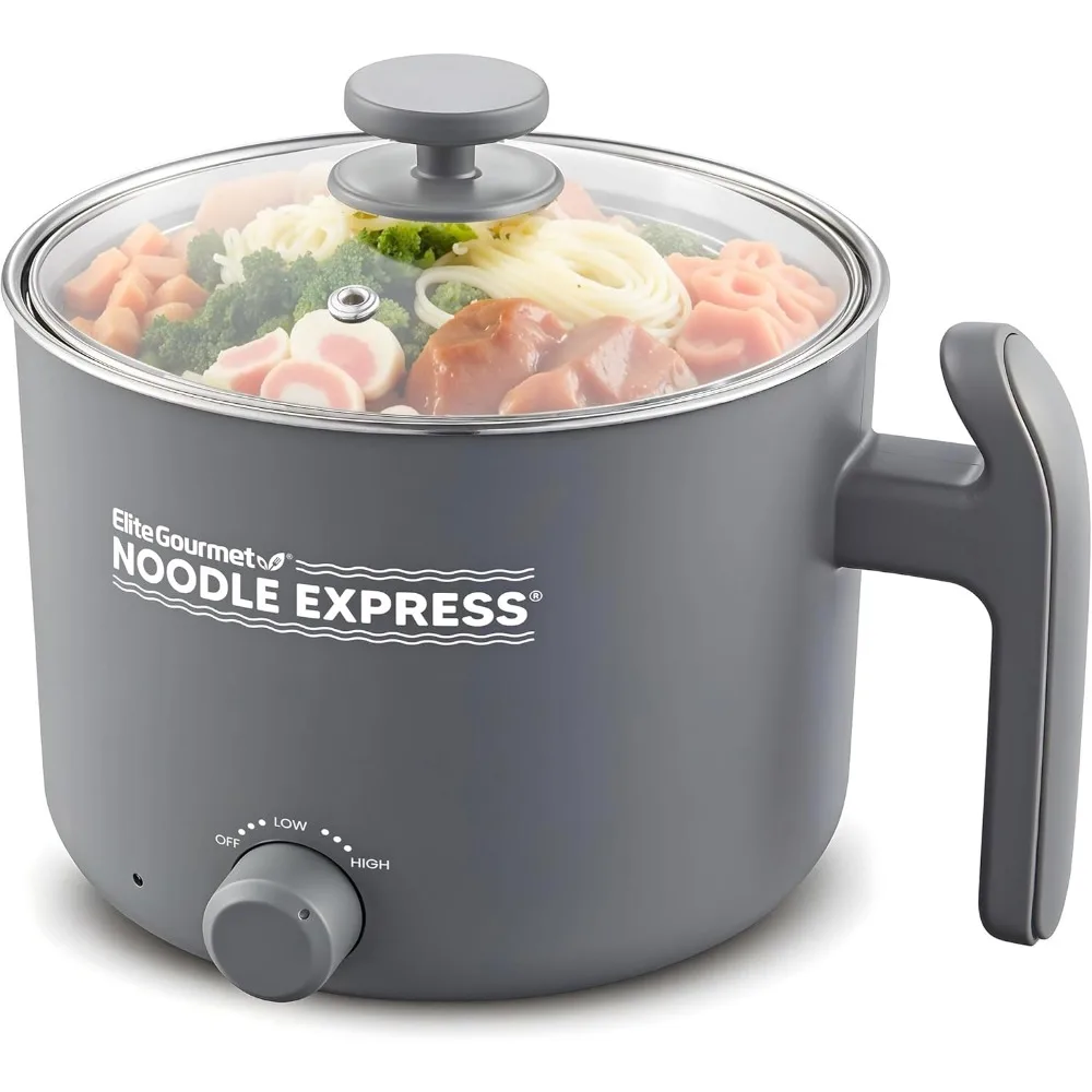 Olla eléctrica, para preparar ramen, arroz, sopas, guisos, hervir agua, interior de acero inoxidable, tapa de vidrio, ajustes alto/bajo/apagado, gris