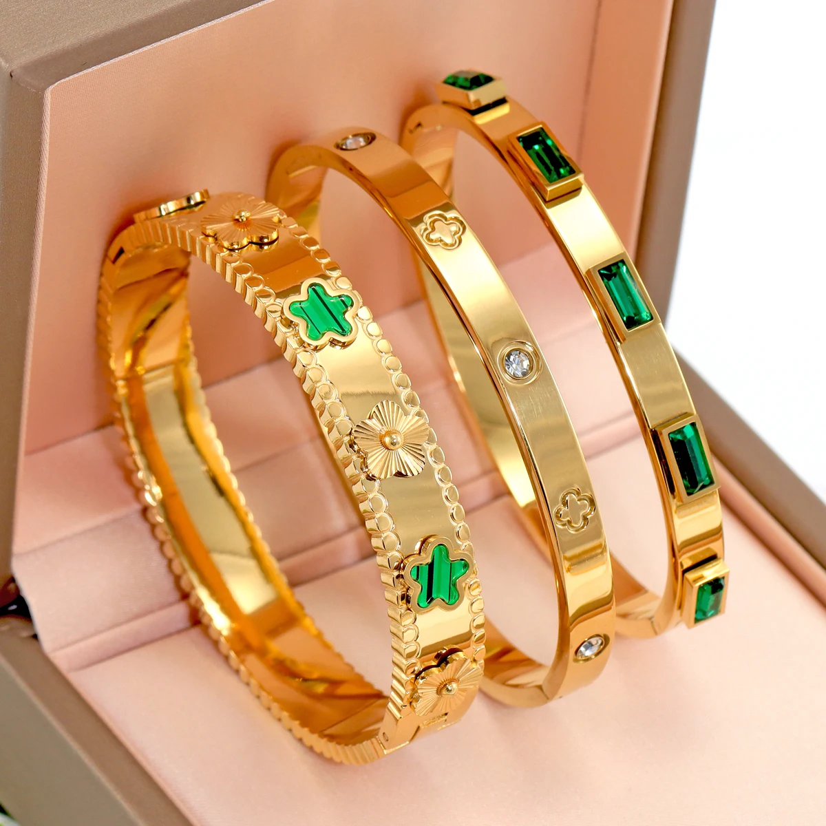 3 unids/set pulsera de acero inoxidable de moda europea y americana para mujer con conjuntos de brazaletes de joyería con diseño de flores