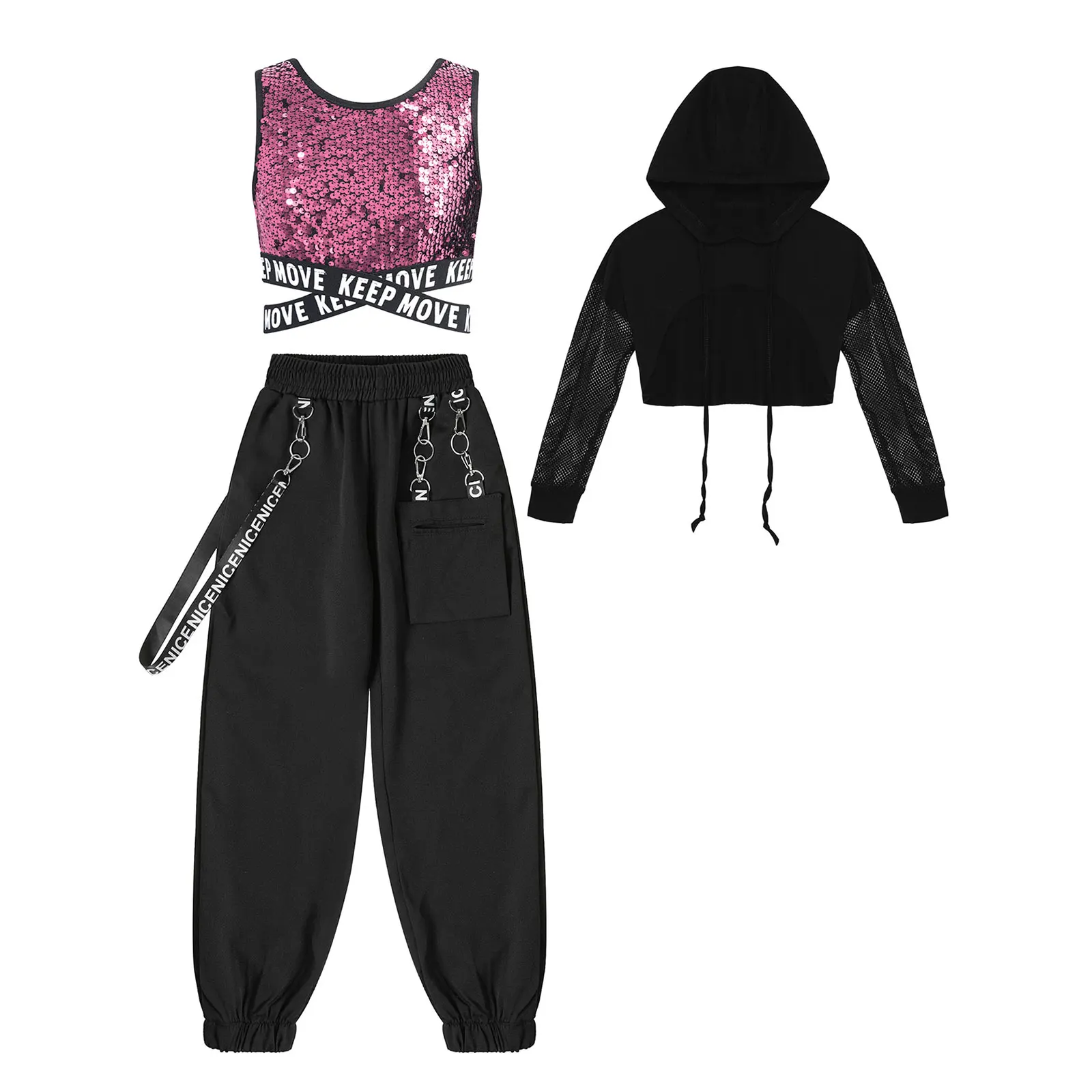 

3Pcs/Set Kids Girls Hip-hop Street Dance Costumes Sparkling Sequins Vest + Pants + Sheer Mesh Long Sleeve Hoodie Pullover Tops