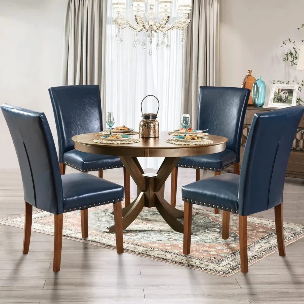 Dining Chairs Set of 6, Upholstered Nailhead PU Leather Dining Room Kitchen Side Chair with Thick Cushions and Wood Legs, Blue