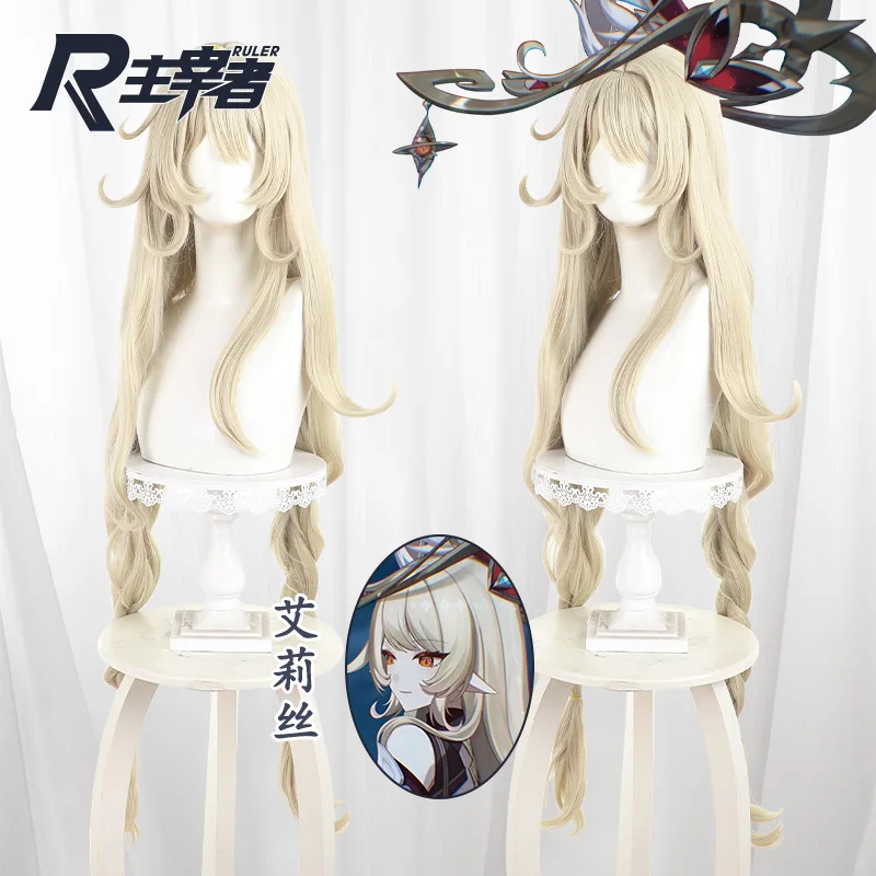 ゲーム原神アリスコスプレウィッグライトブロンドロングヘア耐熱ファイバーヘアハロウィンパーティー女性のためのアクセサリープロップ