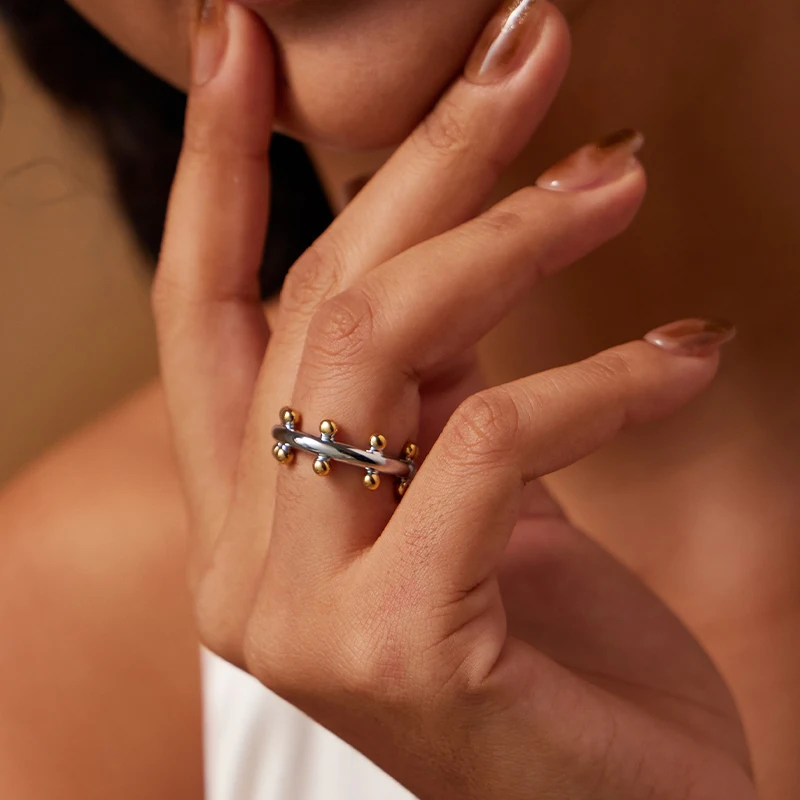 Gold Double Row Ball Midi Ring - Copper Knuckle Ring for Women