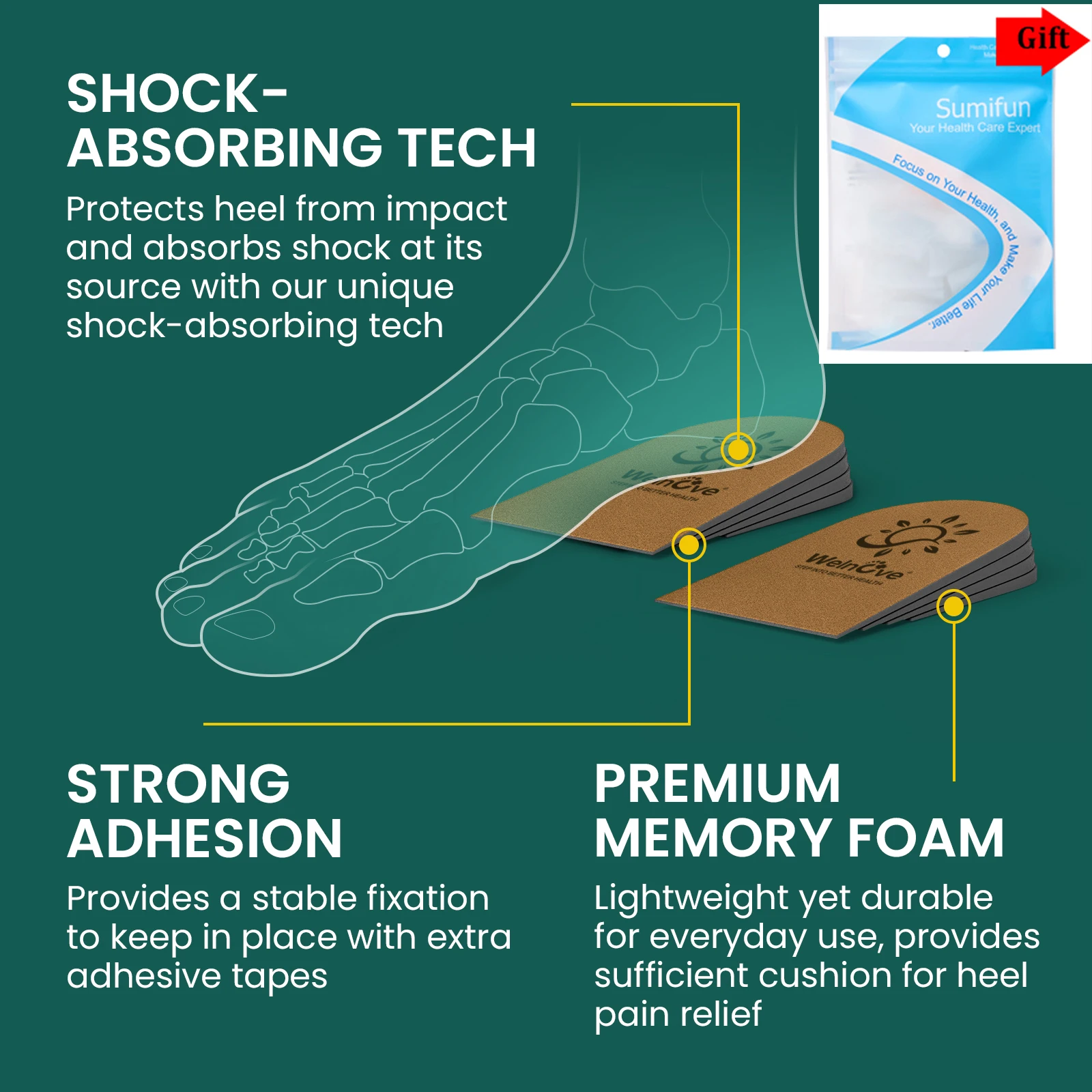 

Sumifun Silicone Gel Height Increase Insole Heel Lifting Inserts Shoe Foot Care Protector Elastic Pain Absorption Hidden Insoles