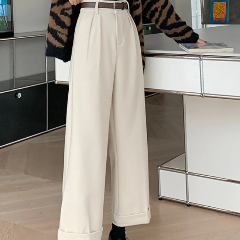 

Autumn Winter Warm Woolen Wide Leg Pants Korean Fashion Women's Pantalones Casual High Waist Baggy Thicken Straight Sweatpants