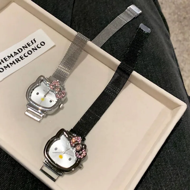 Kawaii Hello Kitty Bow Diamond Watch Sanrio Anime Fashionable Quartz Watches Cute Cartoon Magnet Watches Girls Birthday Gifts