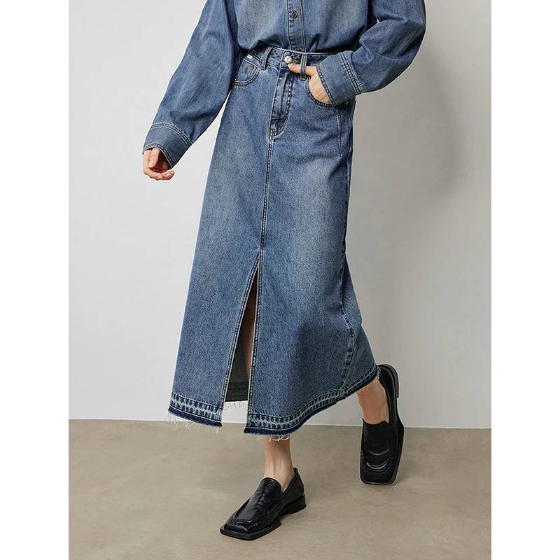 TOYOUTH Women Denim Skirt 2024 Autumn New Open Split Pocket High Waist Mid Length Skirt