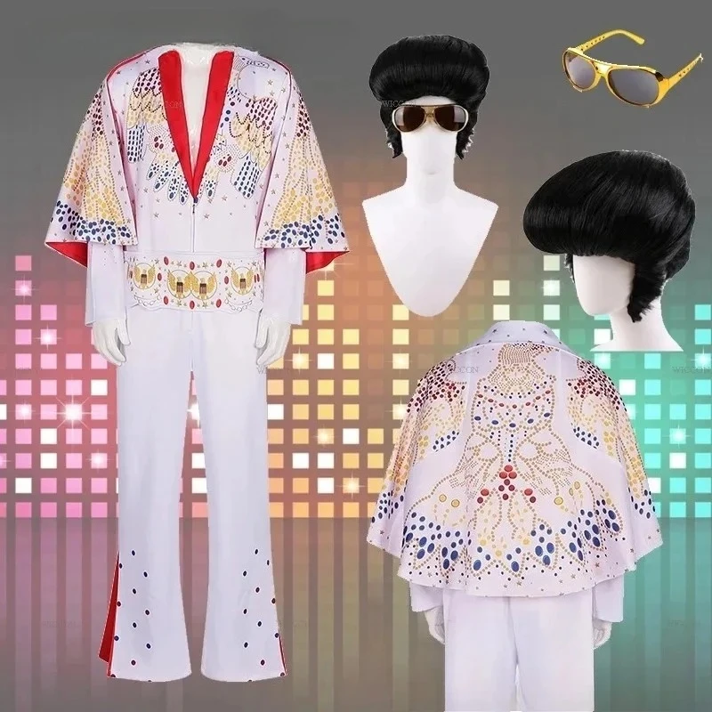 Costume de Cosplay Elvis pour hommes et femmes, perruque Rock. Uniformes de performance de danse évasés à cloche, tenues de fête de carnaval