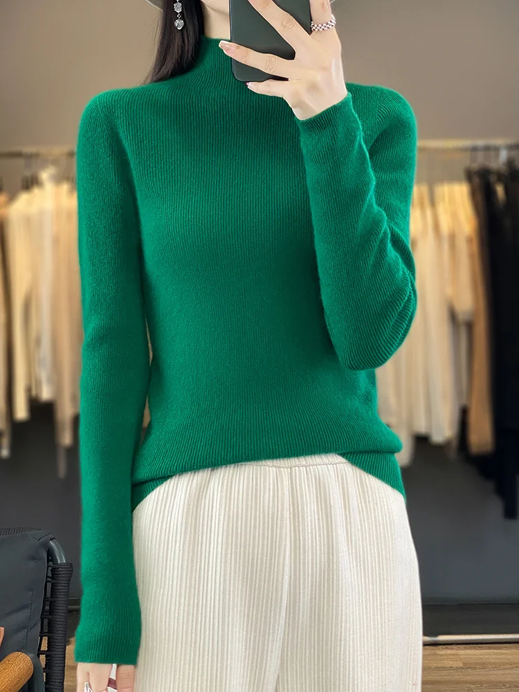 Choice Women 100% Pure Merino Wool Sweater Mock-neck Pullover Autumn Winter Basic Tight Knitwear Slim fit Solid Korean Top