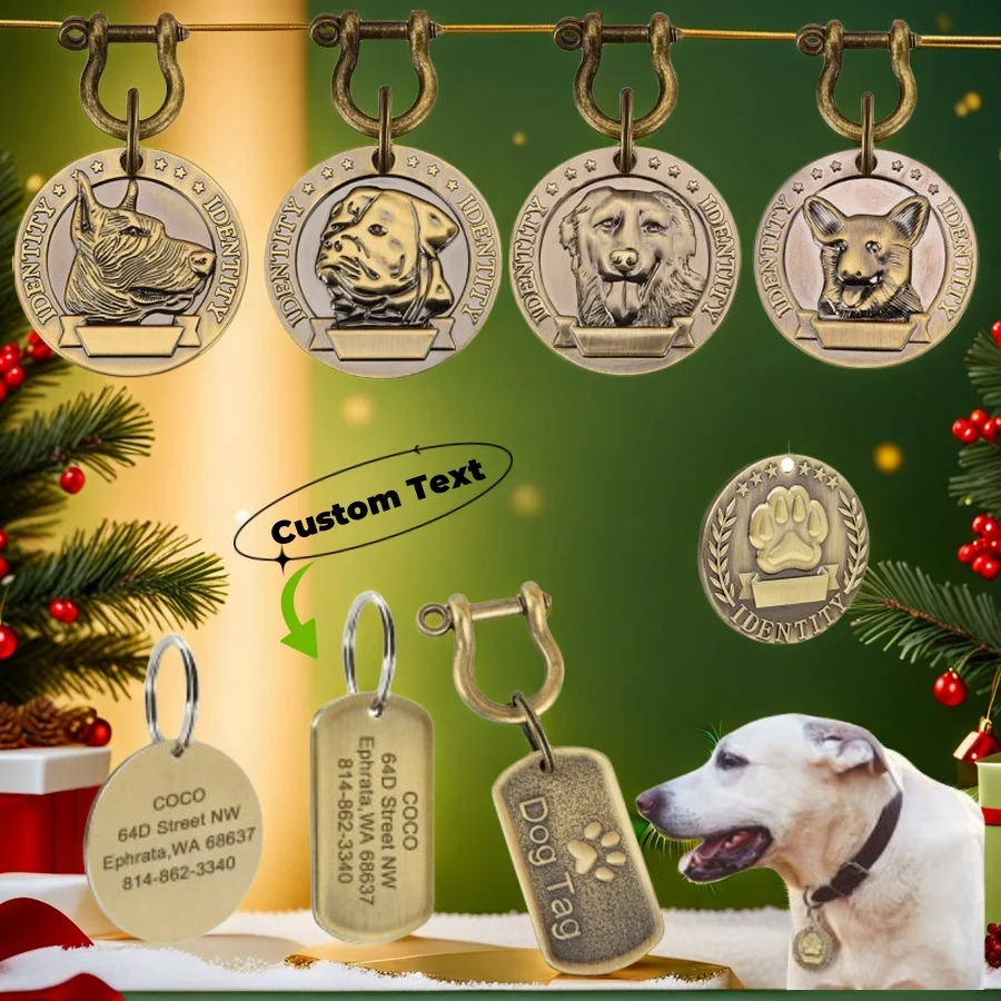 Etiqueta de identificación de mascotas grabada personalizable para perros y gatos, etiquetas de placa de identificación de Collar de perro con número de dirección antipérdida personalizado