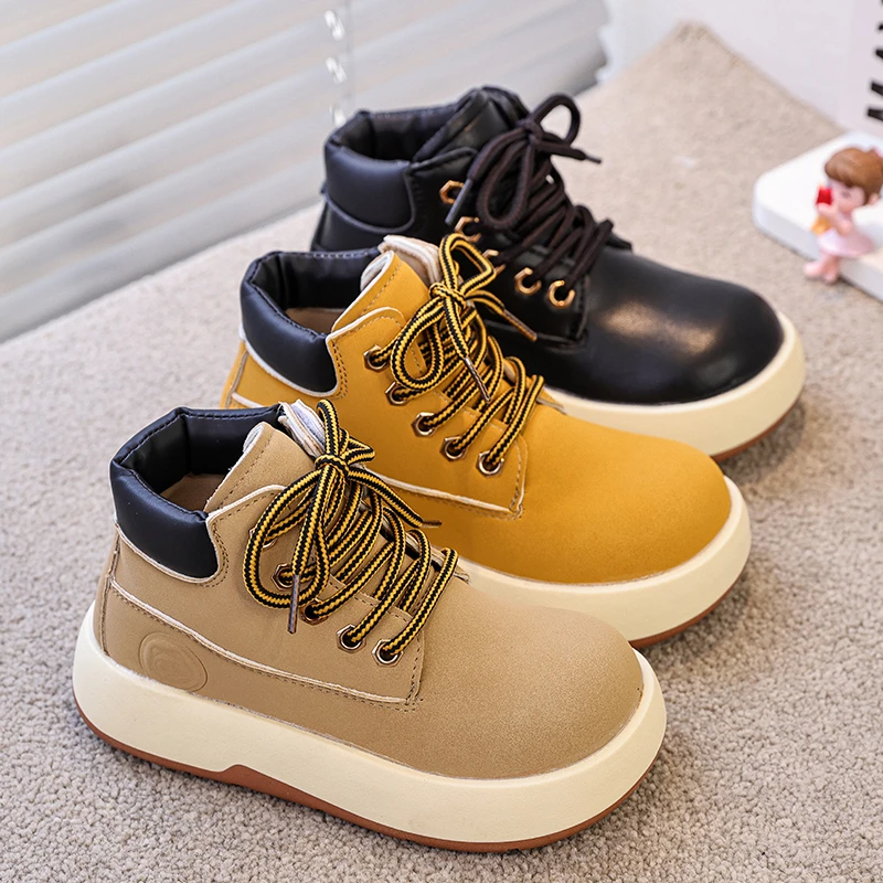 جديد للأطفال موضة الأحذية الصفراء الخريف الشتاء سميكة وحيد صبي فتاة المضادة للانزلاق عالية أعلى الأحذية الجلدية الدانتيل يصل الاطفال حذاء كاجوال #1