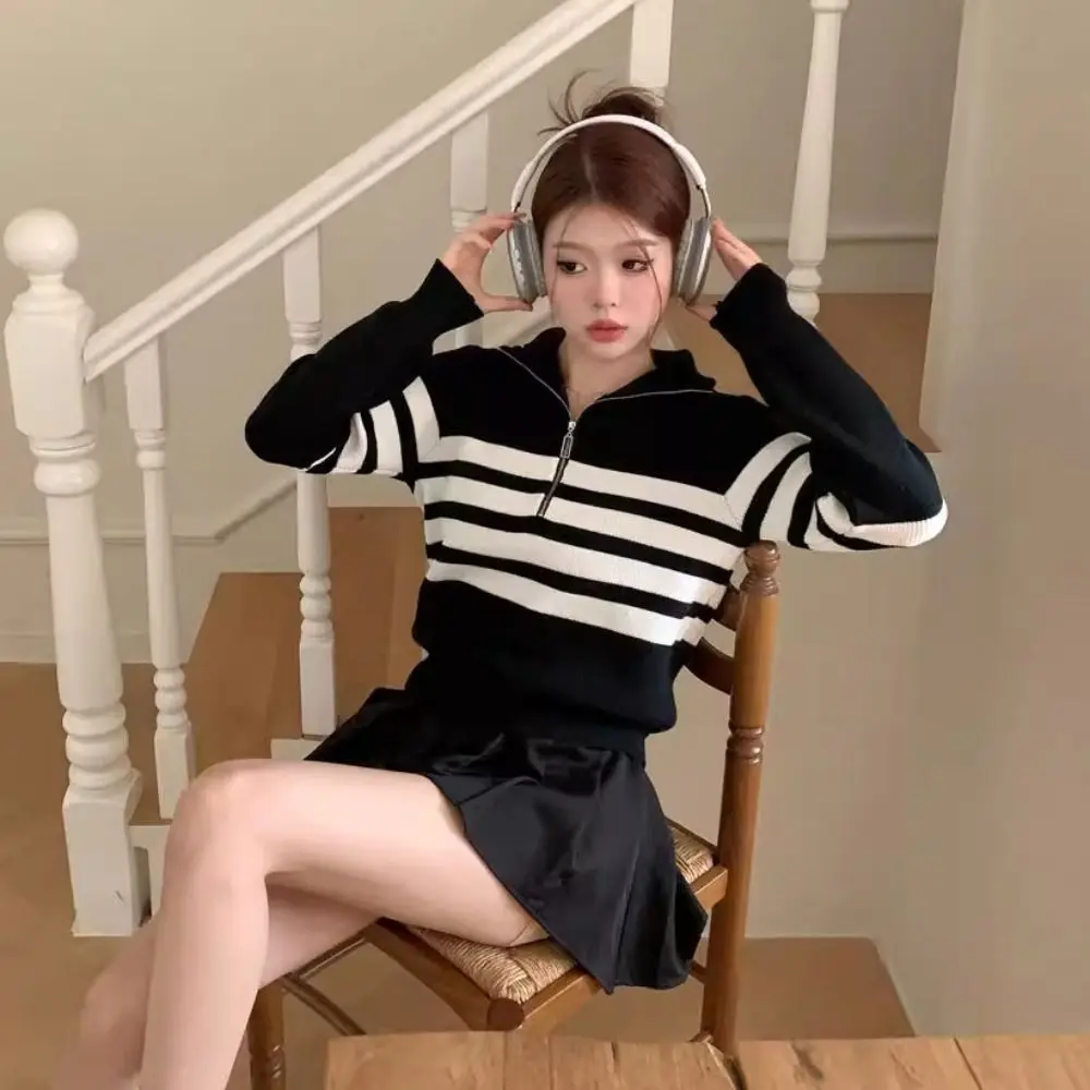 

Korean Style Long Sleeve Knit Stripe Sweater Zipper Autumn Winter Knitted Crop Top Soft Slim Fit Sweet Girl's Pullover Girl