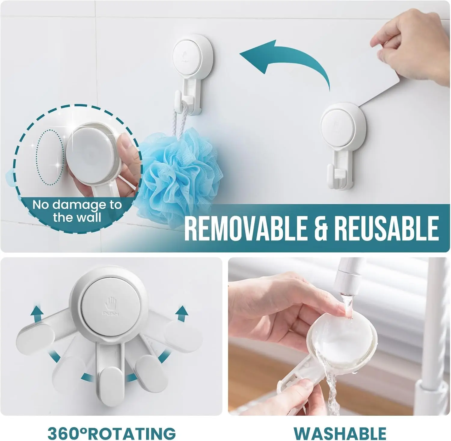 TAILI Suction Cup Hooks 4pcs Heavy Duty Towel Hanger Easy to Install Shower Hanger for Bathroom Kitchen Hotel No Drilling Hooks