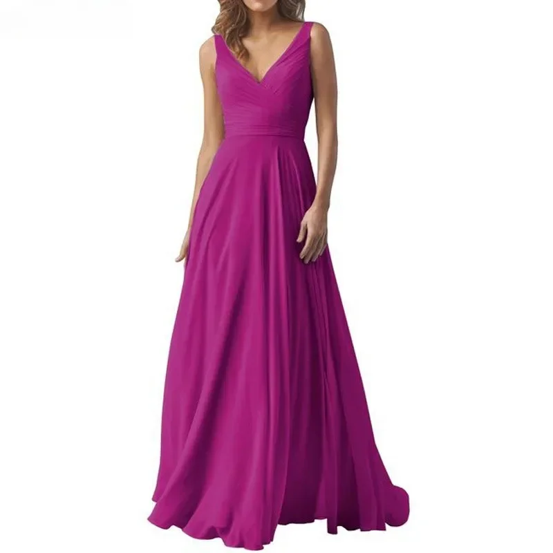 

Elegant Sleeveless Tank Formal Evening Dress V-neck Slim Waist Prom Party Chiffon Gown Classic Solid A-line Bridesmaid Dresses