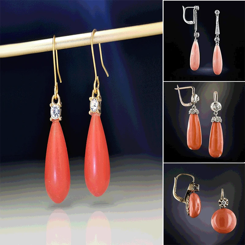 Luxury Water Drop Orange Stone Earrings for Women Wedding Jewelry Crystal Coral Personality Pendant Earrings for Women Girls