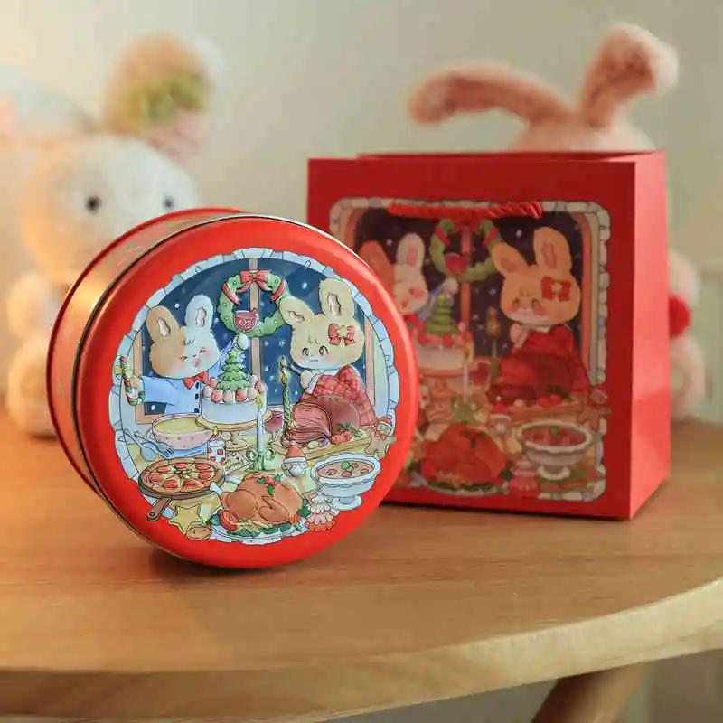 2025 Christmas Festival Cute Rabbit Cookies Packing Box Round Empty Tin Candy Gift Box Cake Tea Dessert Organizer Container