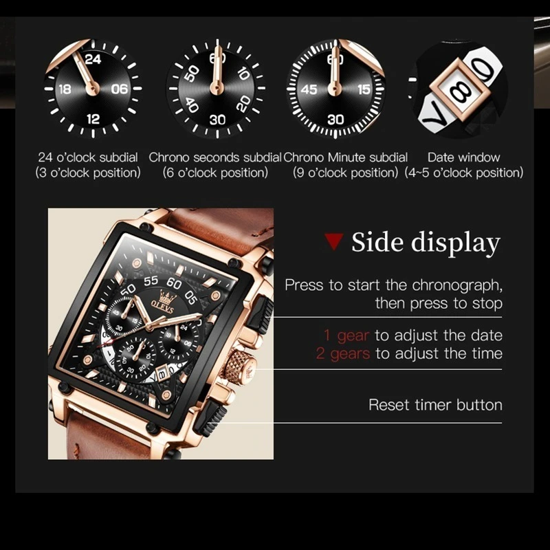 OLEVS 9919 Спортивные кварцевые часы Подарочный ремешок для часов из натуральной кожи Наручные часы с прямоугольным циферблатом