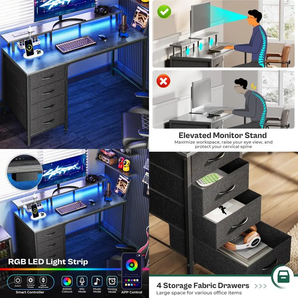 

47 Inch Gaming and Office Desk with Power Outlets, LED Lights, and Monitor Stand, Featuring 4 Drawers