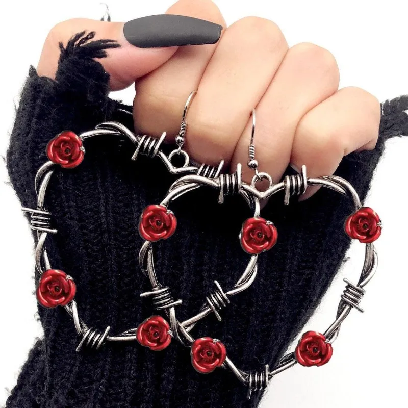 Gothic Vintage Red Rose Thorn Heart-shaped Exaggerated Pendant Earrings for Women Creative Party Jewelry Accessories