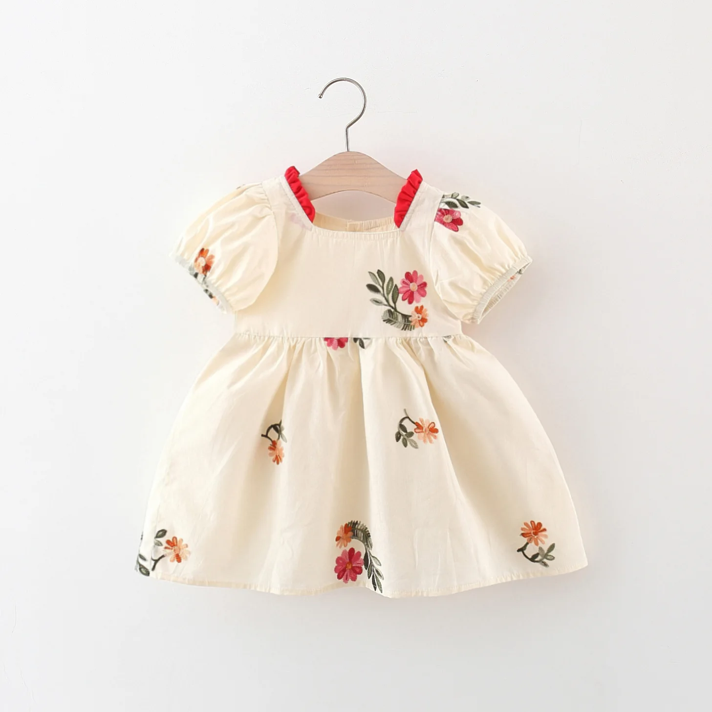 Summer girl dress baby girl flower and leaf embroidered collar patchwork lace bubble sleeves princess dress