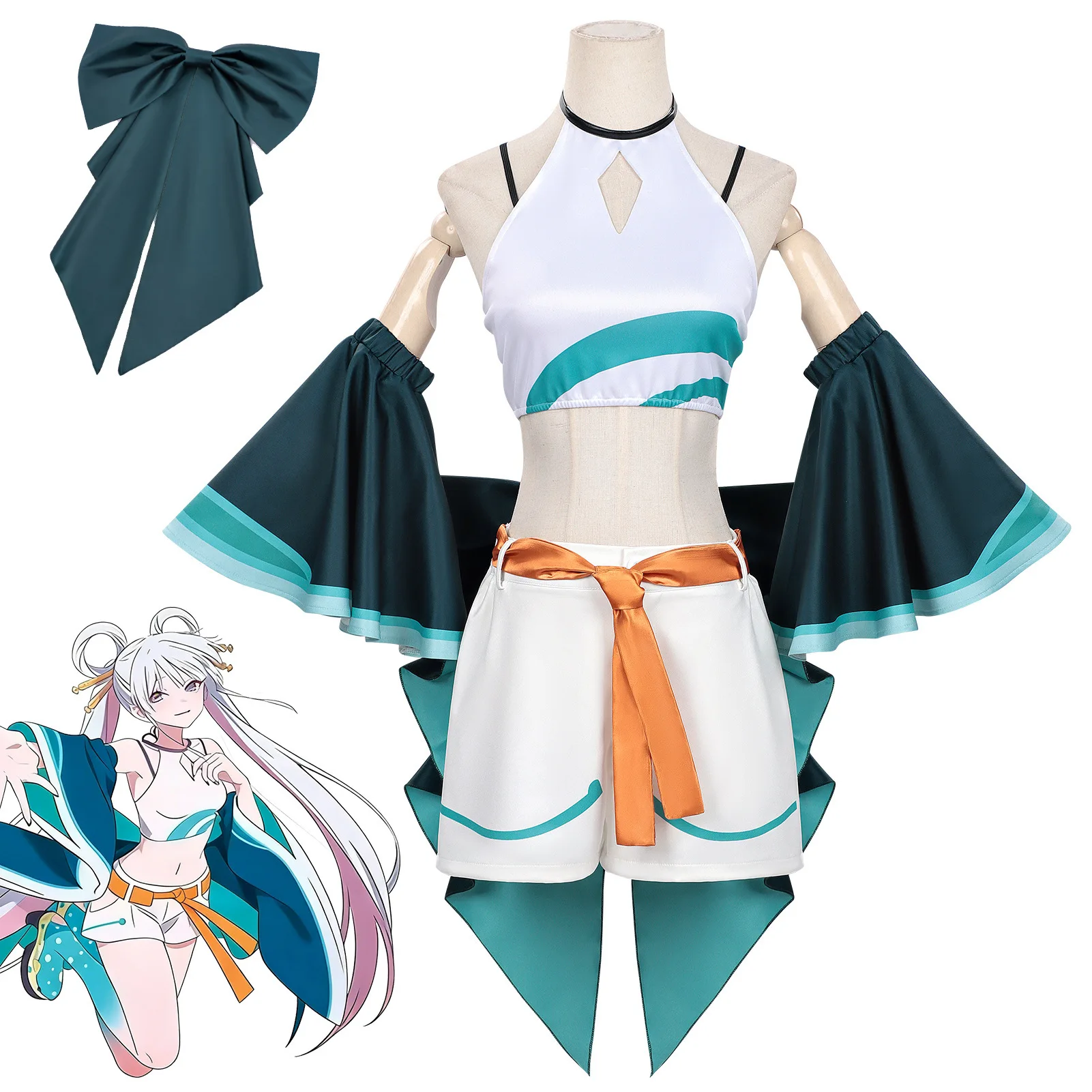 

Choujikuu Kaguya Tsukimi Set Cosplay Costume, White & Green Halter Crop Top & Shorts Set, Anime Comic Con Outfit