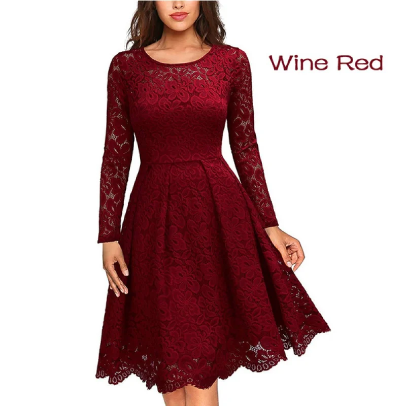 Women Elegant Long Sleeve 50s 60s Retro Style Roabilly Swing Wedding Party Dress Sexy Vintage Floral Lace Dress