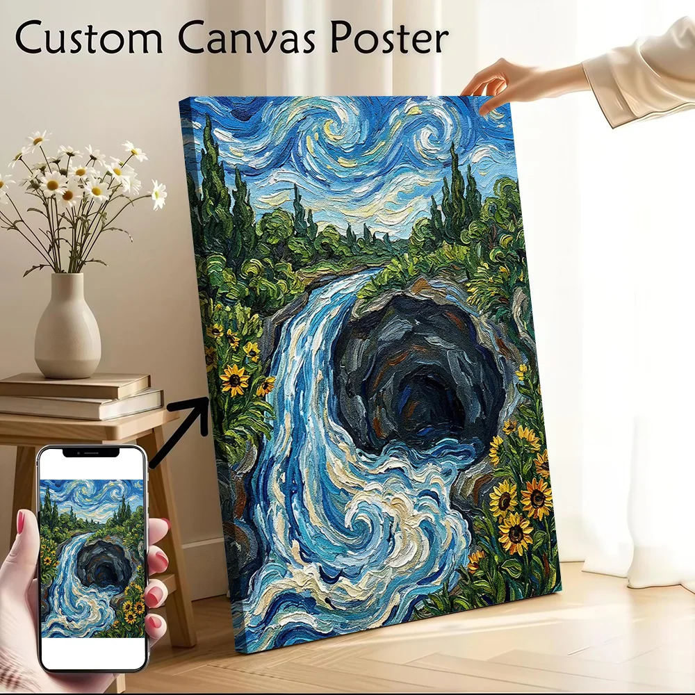 Waterfall and Cave in Van Gogh Style Canvas Poster Wall Art Customizable High Quality Printed Picture for Luxury Decoration Room