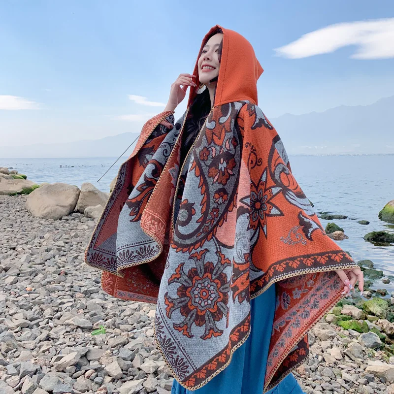 Nouveau poncho d'automne et d'hiver, châle à chapeau de style ethnique chinois, cape coupe-vent et chaude pour femme, idéal pour le tourisme en zone rurale, cadeau 1
