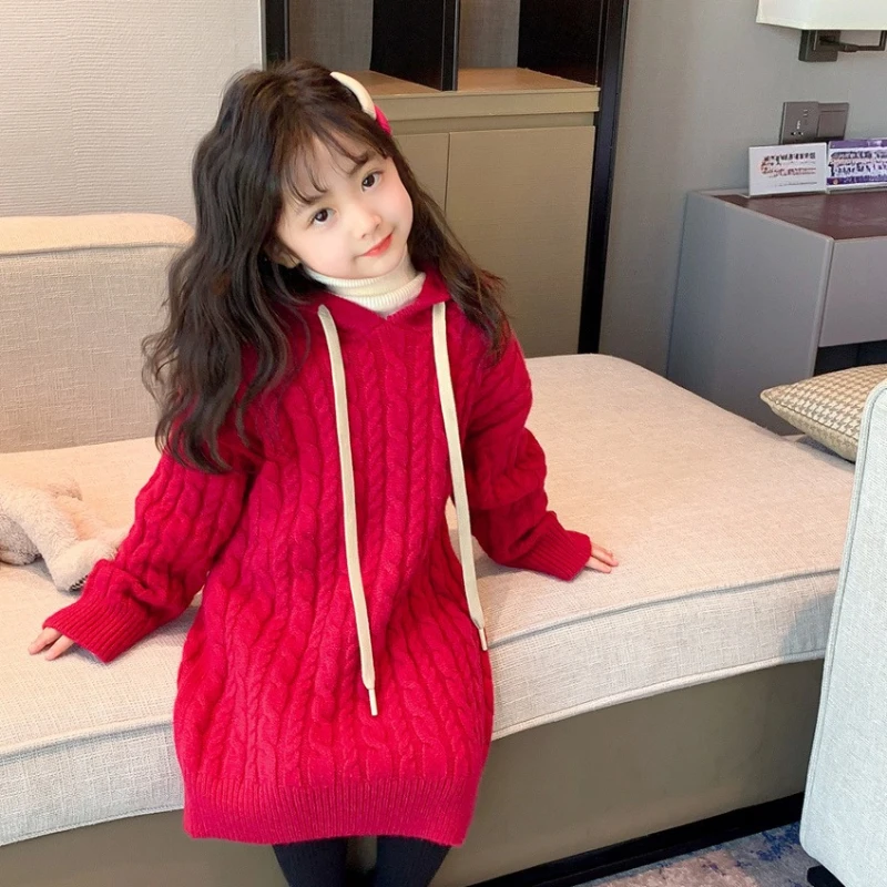 فستان سترة شتوي أحمر للأطفال مع بلوفر بقلنسوة من الدانتيل تريكو متوسط الطول حتى الركبة ملابس أطفال مريحة حرارية للفتيات