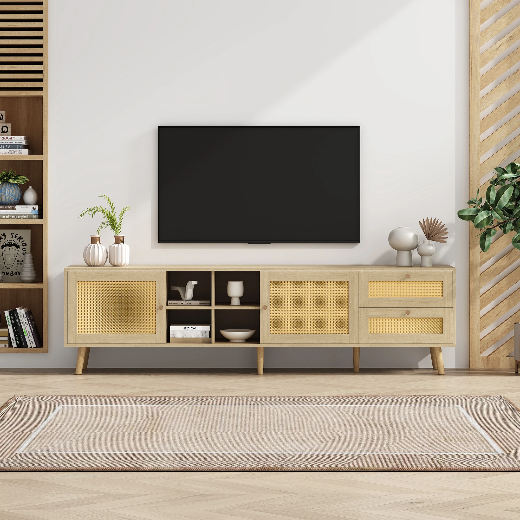 Stylish Wood and rattan TV wardrobe 180*40*55 cm 2 rattan doors 2 rattan drawers fit 80 inch TV