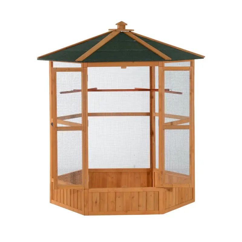 

69" Wooden Hexagonal Outdoor Aviary Flight Bird Cage With Covered Roof, Brown