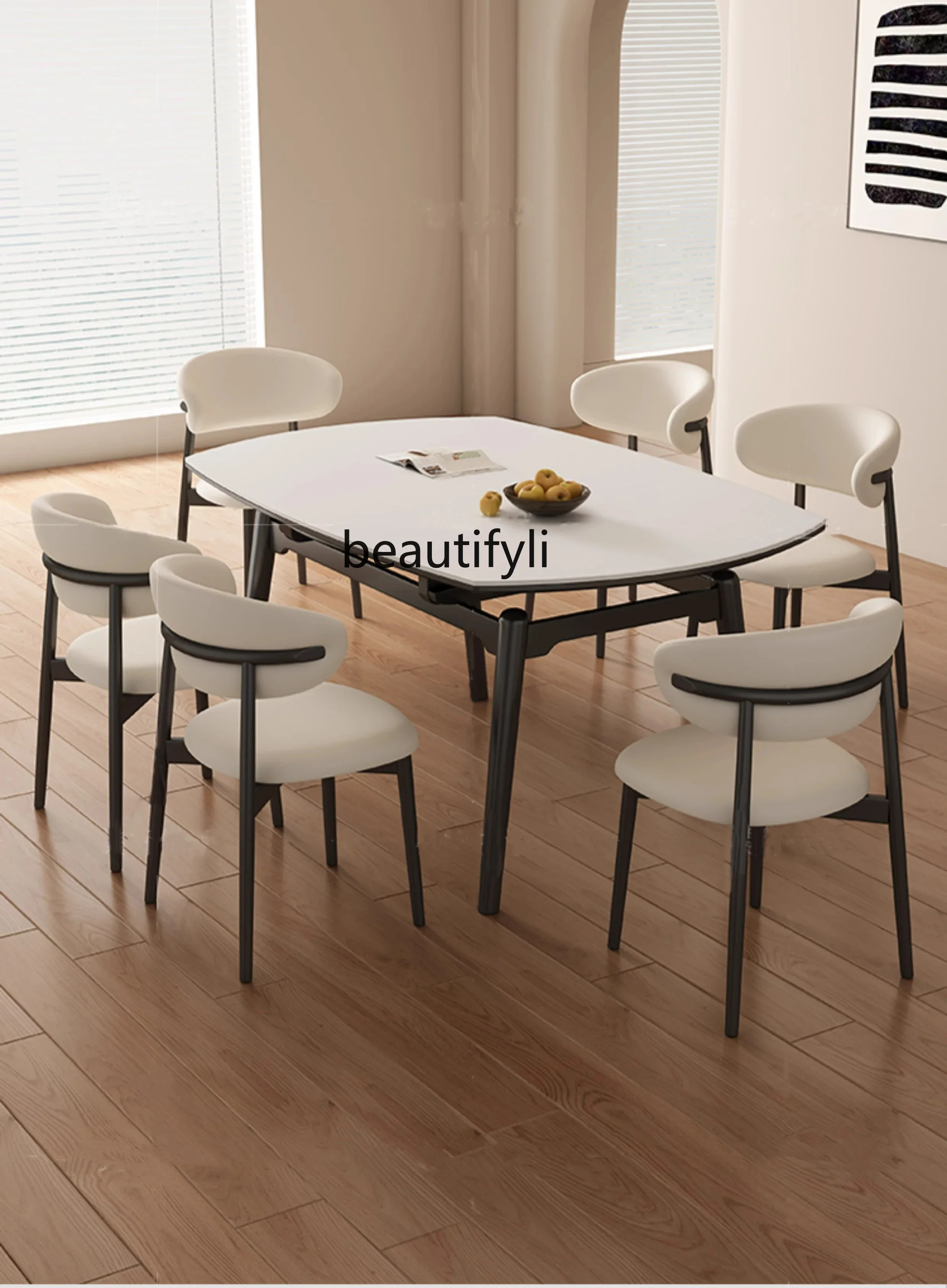 

A13 Black Solid Wood Stone Plate Dining Table Cream Wind Retractable Folding Variable round Table Household Square and round