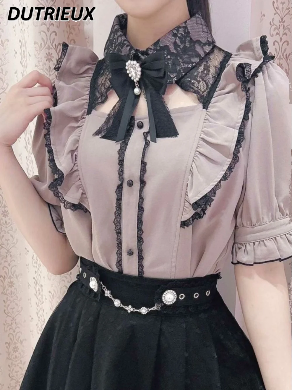 Mine Mass-Produced Water Color Lace Lapel Color Matching Short Sleeve Shirt Japanese Style Sweet Cute Girls Wild Outer Wear Tops