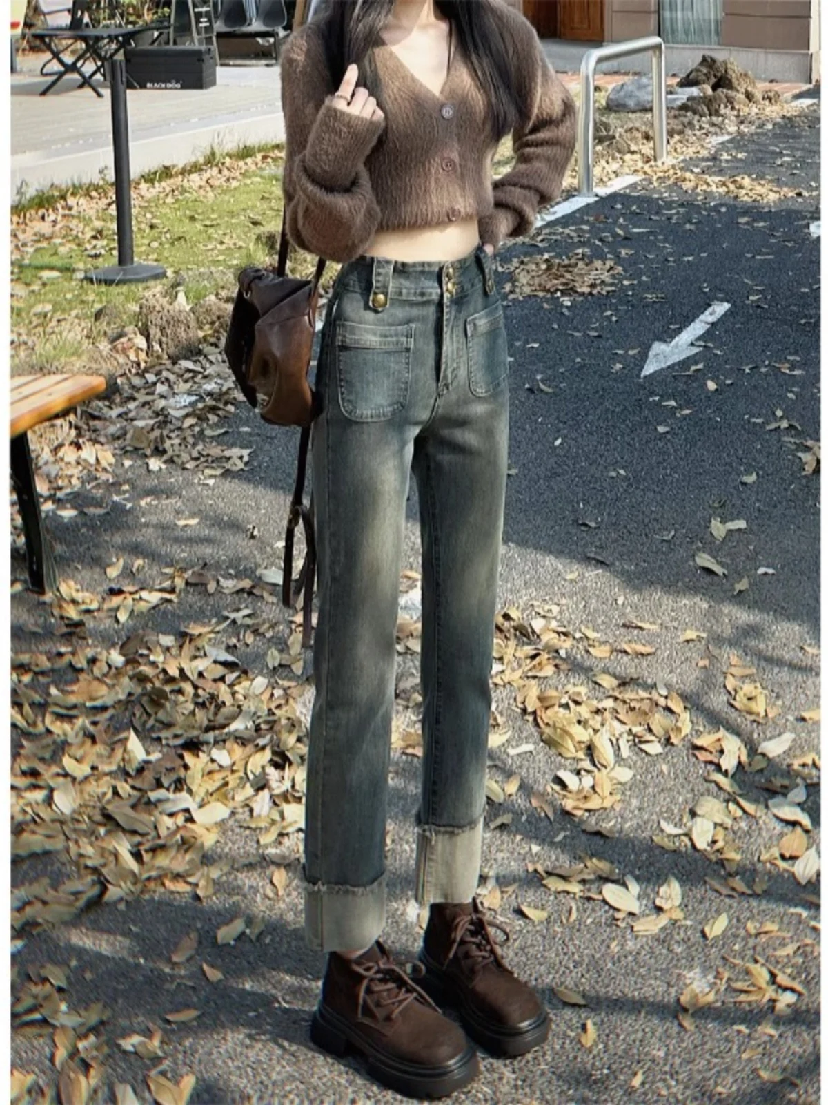 

Retro Color Block Straight Leg Jeans Women's High Waist Slimming Nine Point Small Size Smoke Tube Pants Cotton Stretch Denim