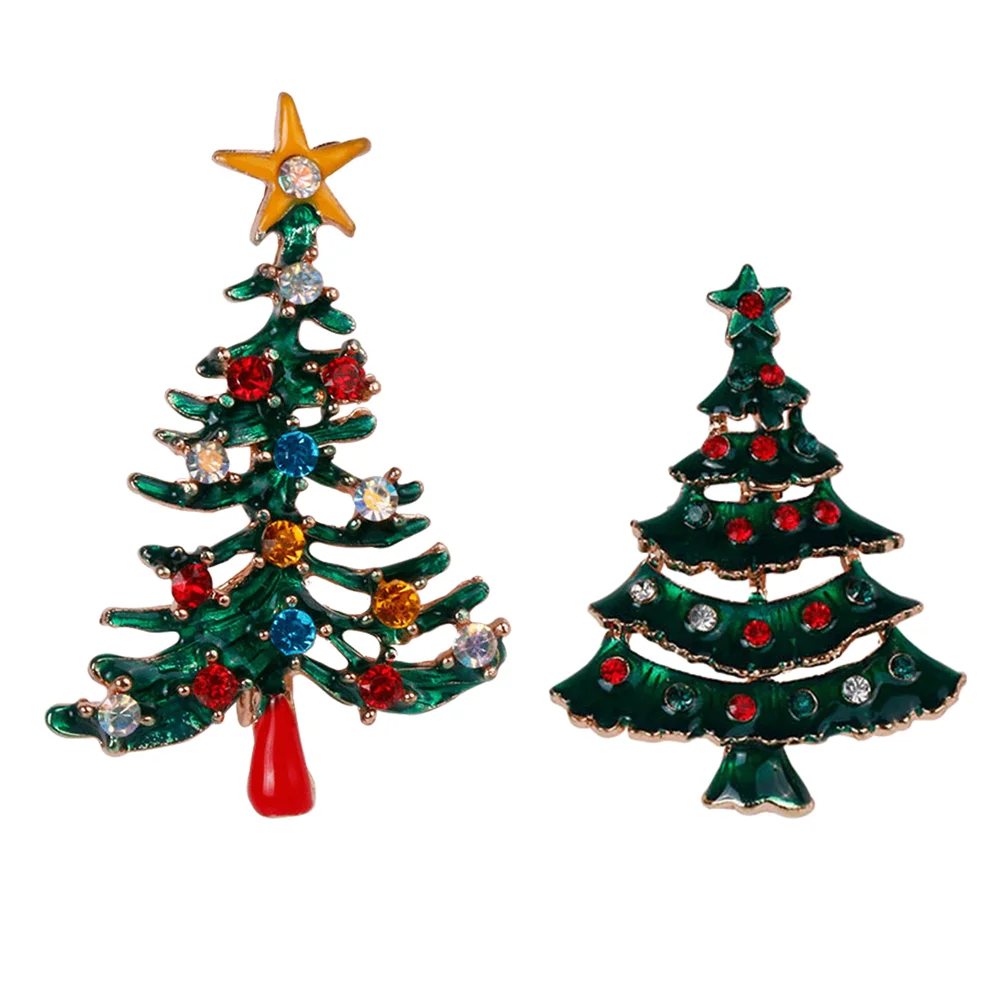 2 Pcs Christmas Tree Brooch Xmas Breastpin European and American Shaped Alloy Green