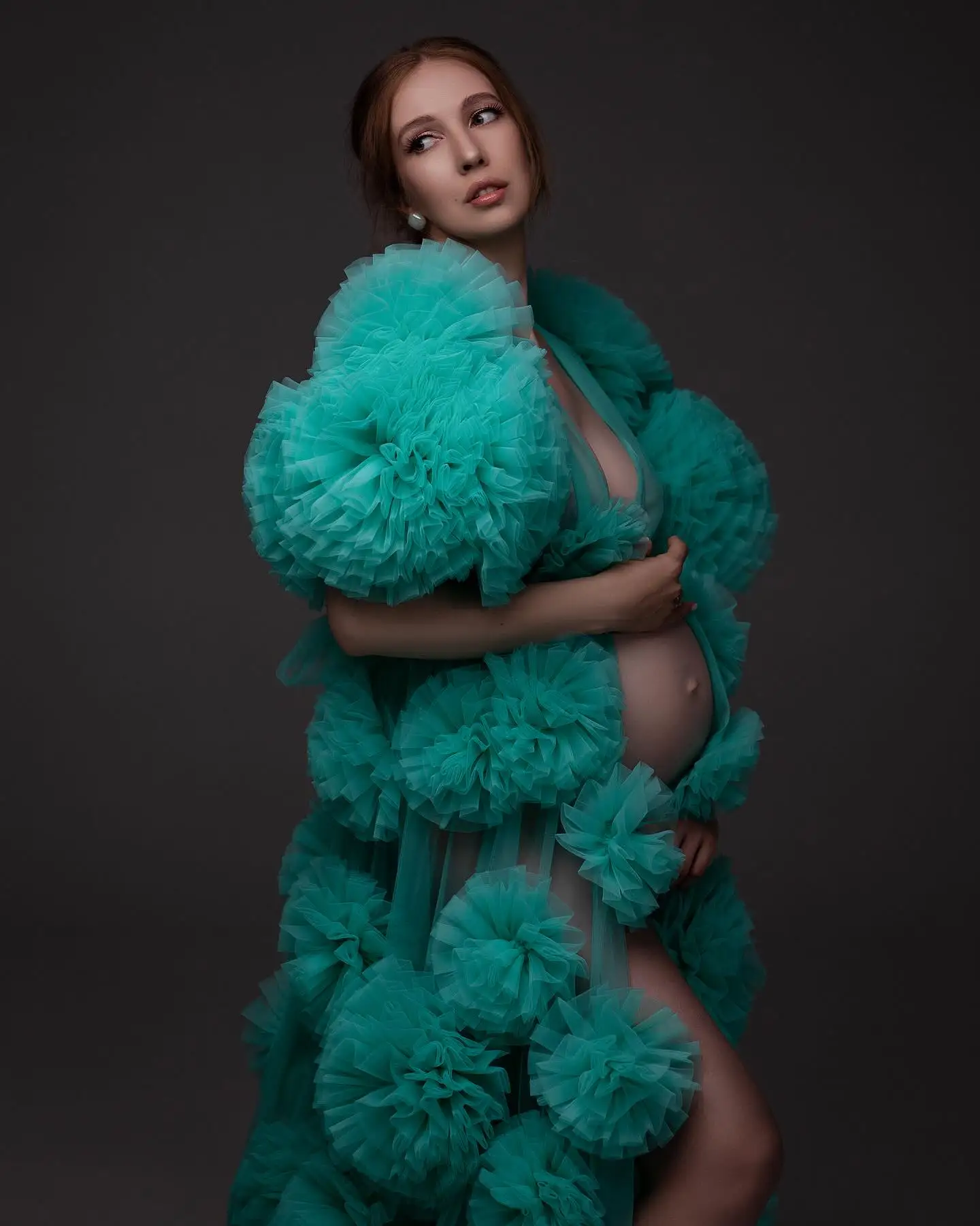 Robes de maternité élégantes à fleurs de boule de fée pour séance photo, Cape longue pour femmes, veste en Tulle, peignoirs de mariée avec grandes fleurs