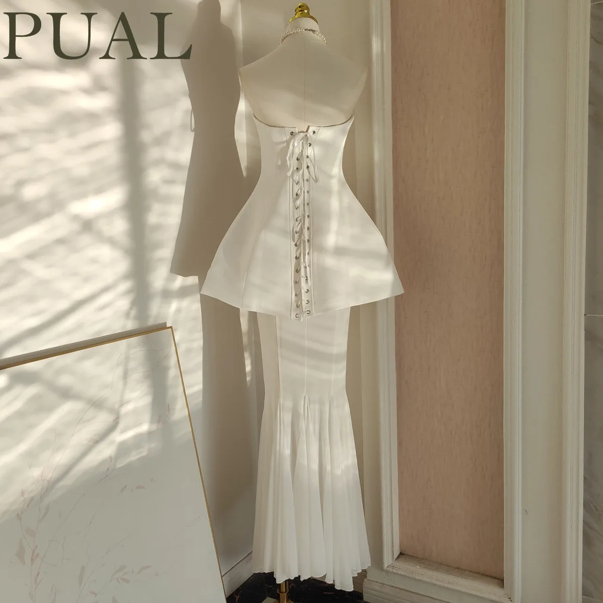 PUALFW25 Французское шикарное корсетное платье со шнуровкой и сеткой Облегающее дизайнерское платье без бретелек Легкое движение Осень-зима Вечеринка Свадьба Дата