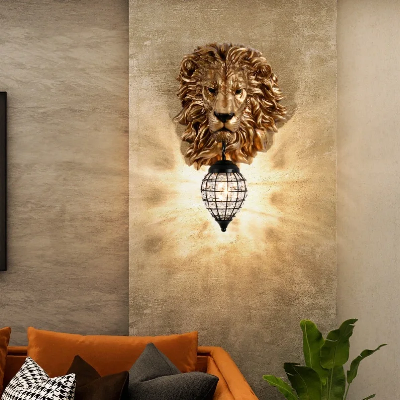 

American Retro Lion Head Wall Lamp Resin led Wall Light Animal Home Decor Lamp Living Room Restaurant Hallway Lighting luminaria